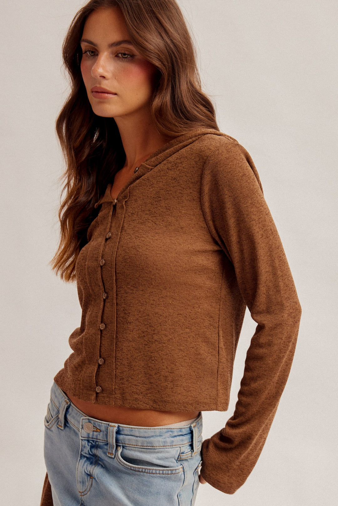 Two-tone Snit Button Down Hooded Cardigan