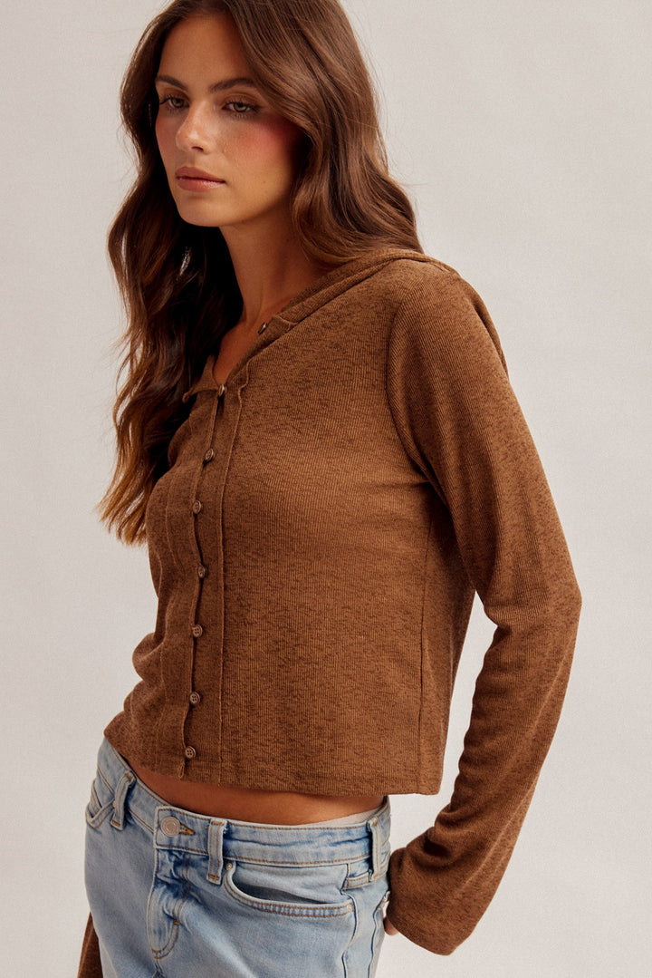 Two-tone Snit Button Down Hooded Cardigan