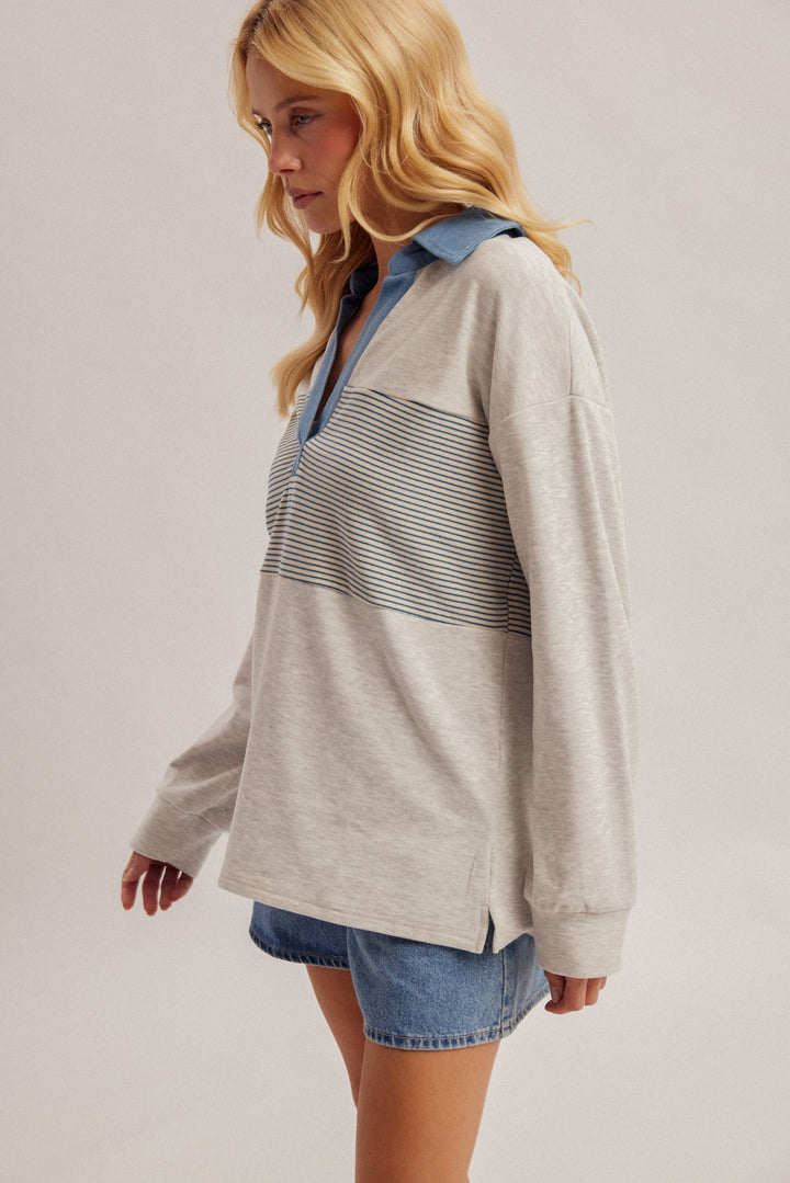 Denim Contrast Collar Fleece Pullover