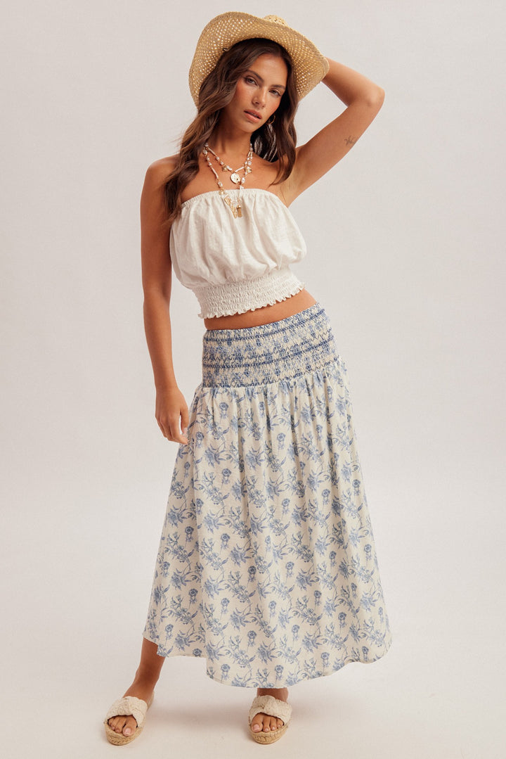 Floral Print Smocked Waist Midi Skirt