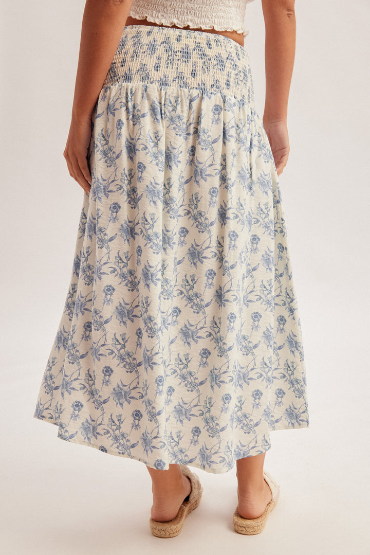 Floral Print Smocked Waist Midi Skirt