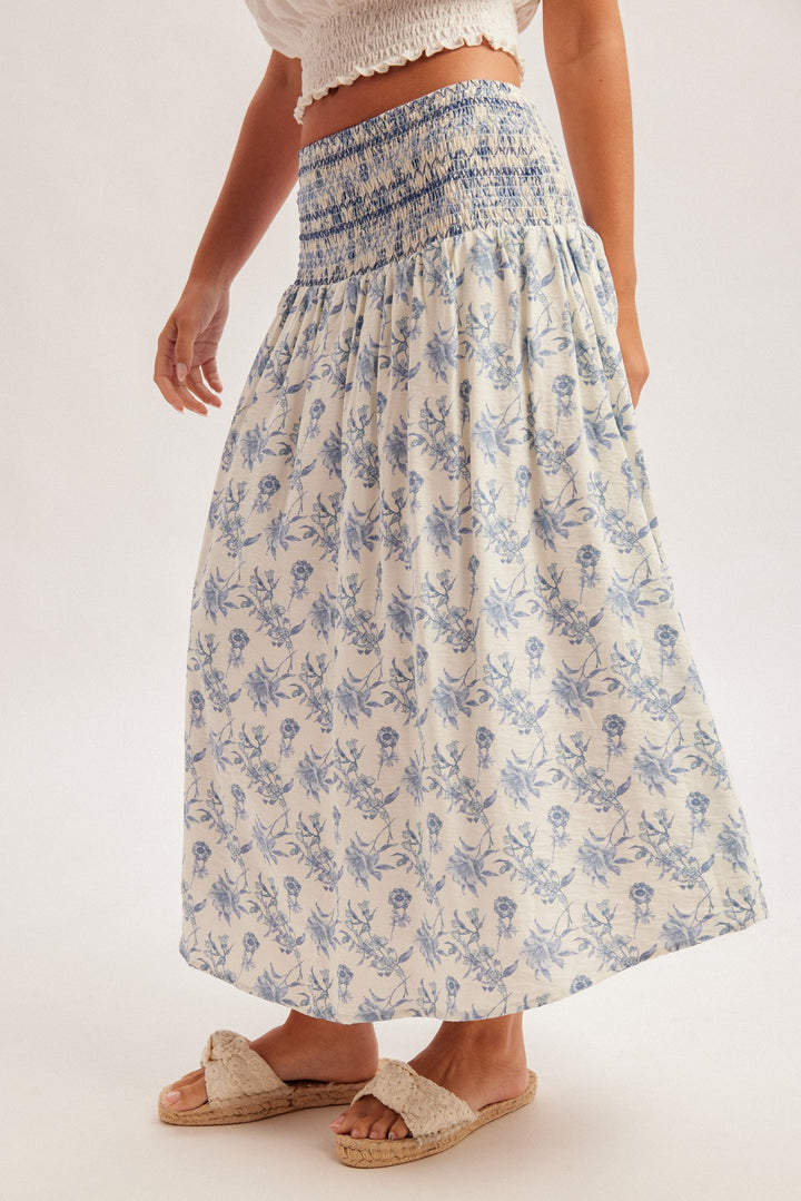 Floral Print Smocked Waist Midi Skirt