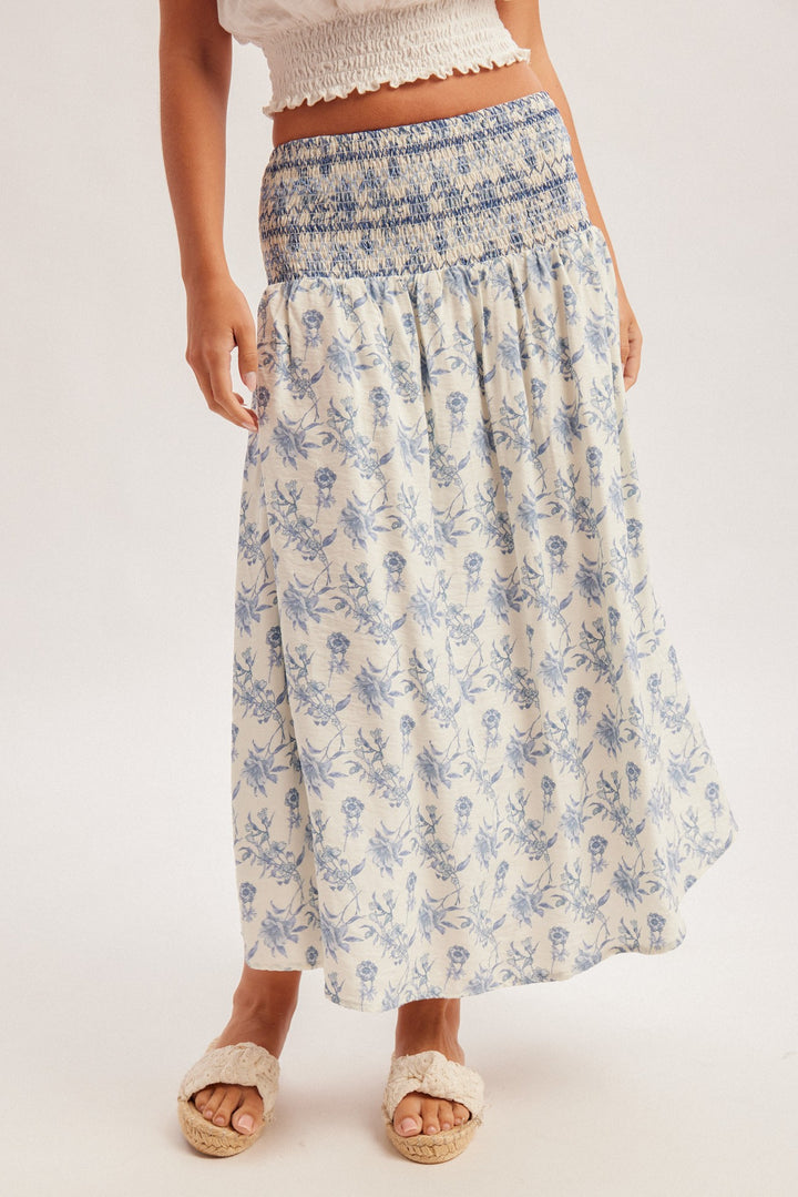 Floral Print Smocked Waist Midi Skirt