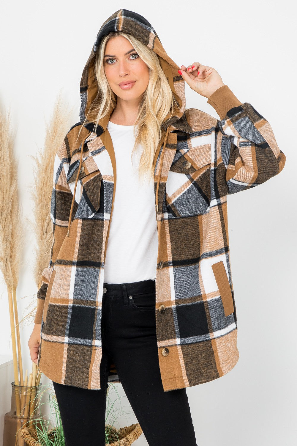 Plaid Print Wool Like Hoodie Shacket