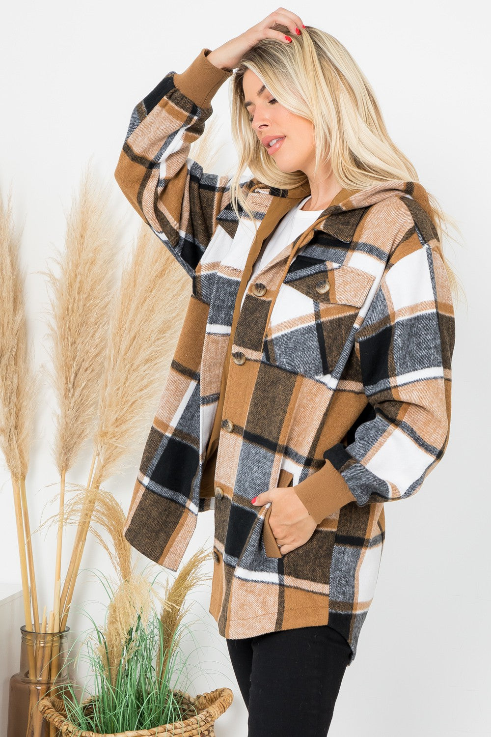 Plaid Print Wool Like Hoodie Shacket