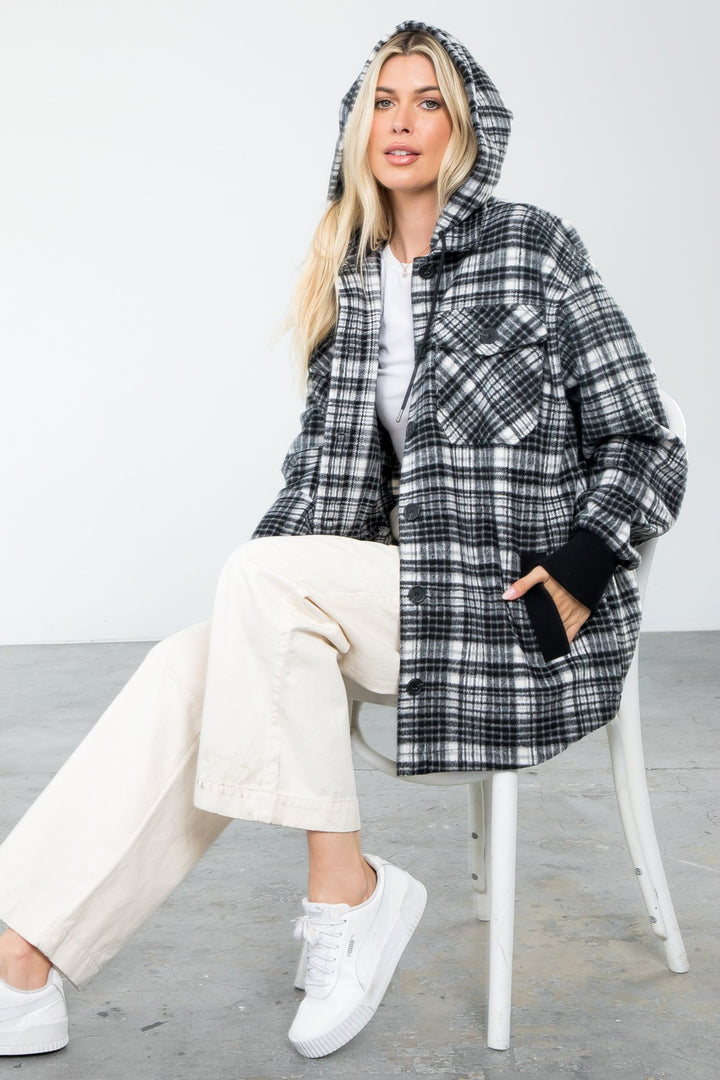 Plaid Print Wool Like Hoodie Shacket