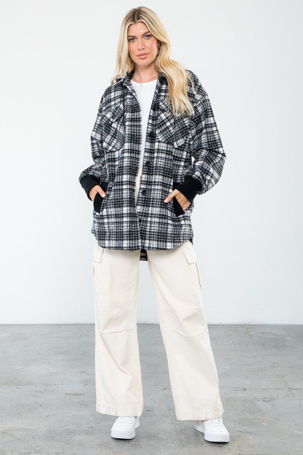 Plaid Print Wool Like Hoodie Shacket