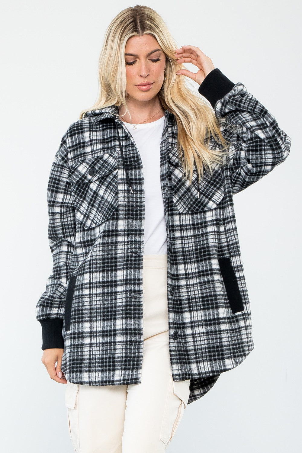 Plaid Print Wool Like Hoodie Shacket