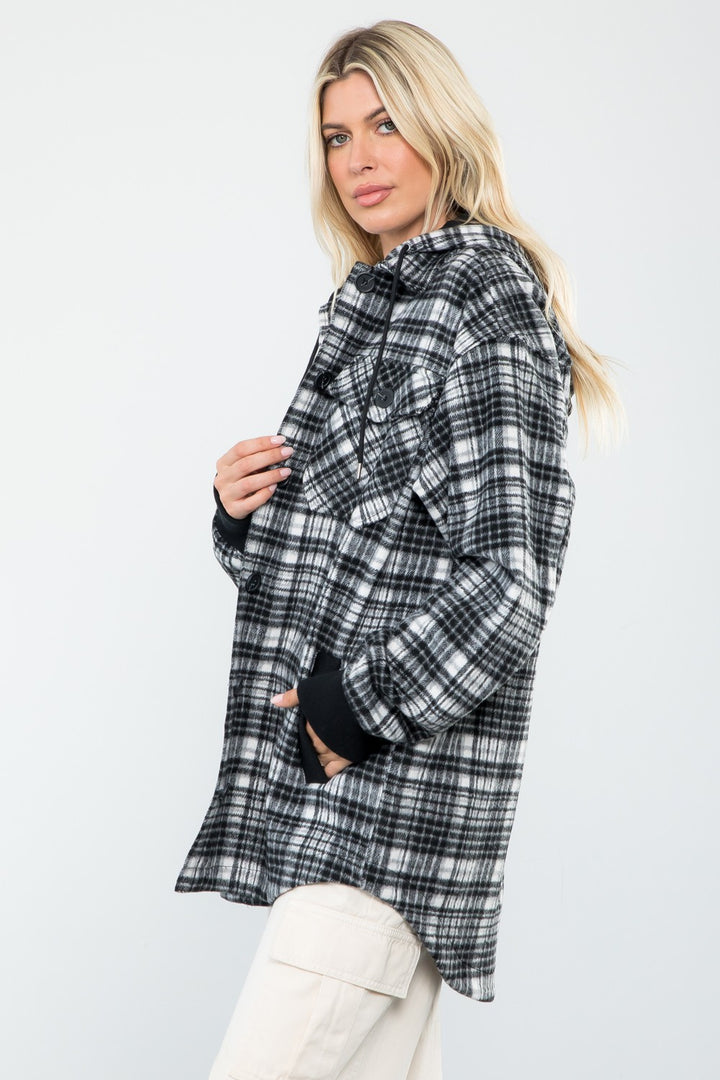 Plaid Print Wool Like Hoodie Shacket