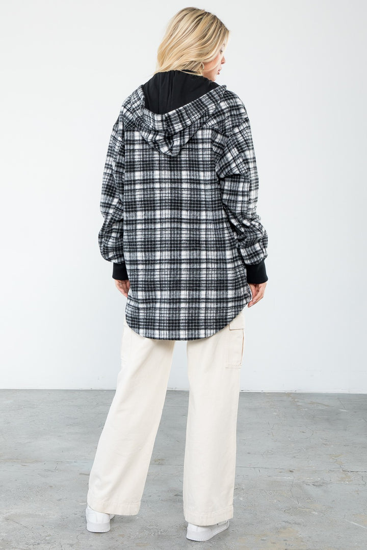 Plaid Print Wool Like Hoodie Shacket