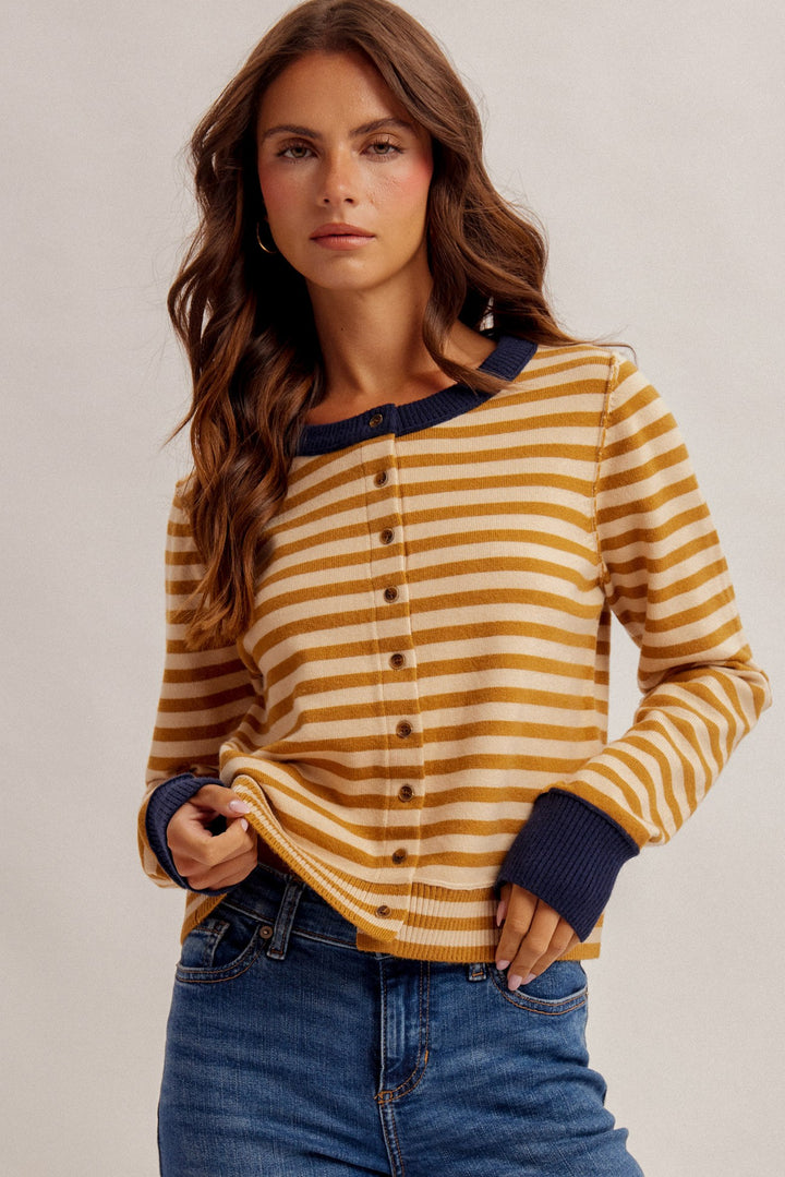 Contrast Stripe Button Down Cardigan