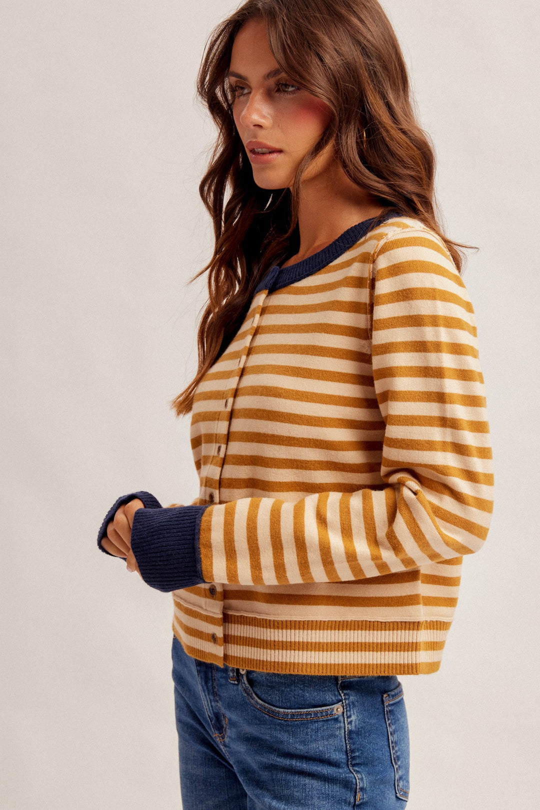 Contrast Stripe Button Down Cardigan