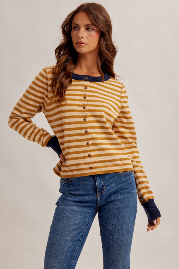 Contrast Stripe Button Down Cardigan