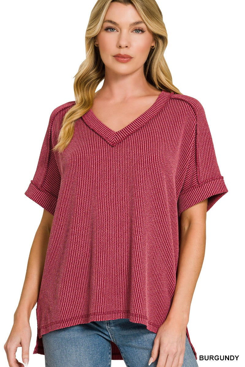 Raised Rib Short Sleeve Hi-low Top