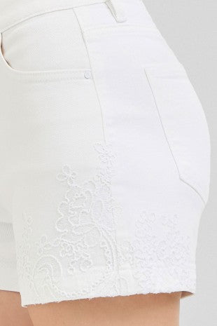 White Embroidered Denim Shorts